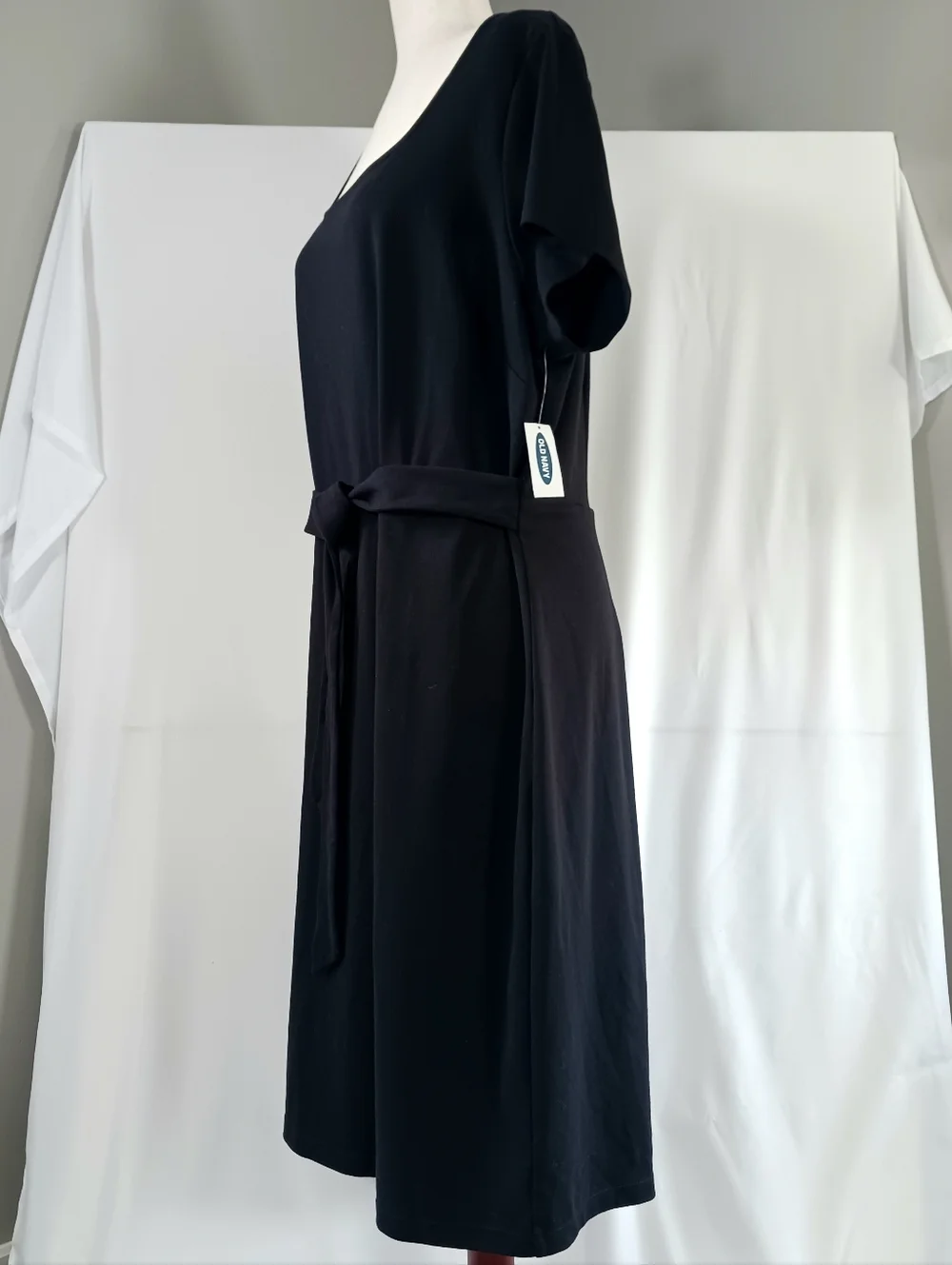 Cotton Dress Tie Waist Short Sleeve Square Neckline Stretch Black Size 2X NEW - Picture 6 of 13